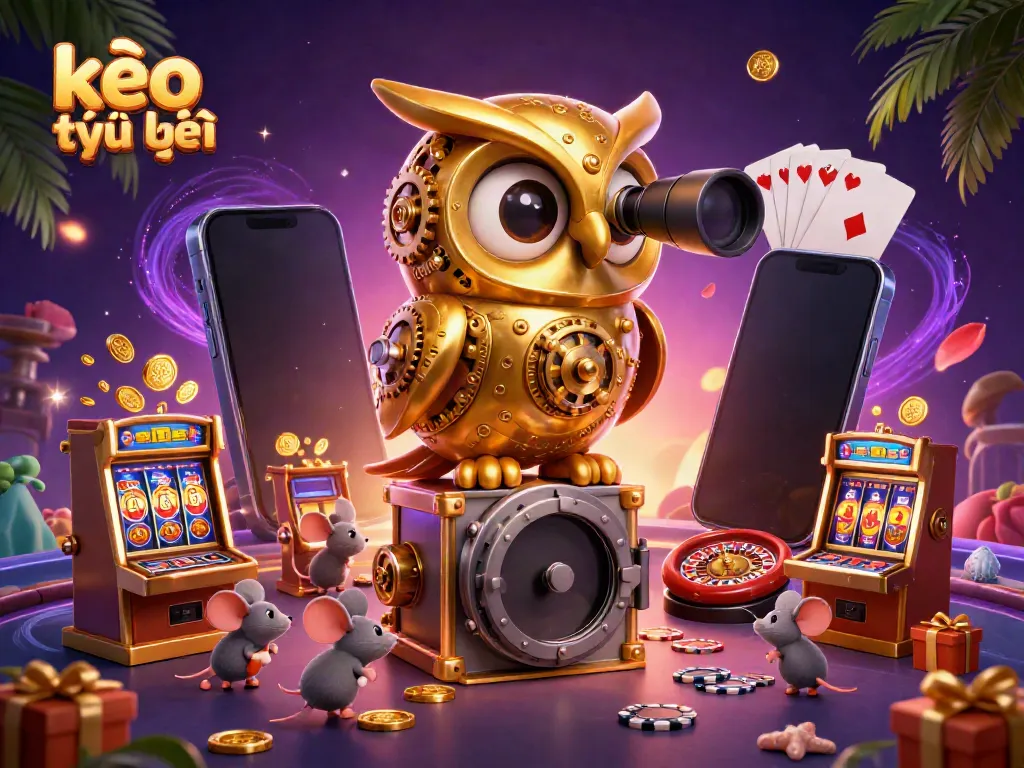 Engage with kèo trực tuyến through this vibrant 3D illustration of a golden owl overseeing a dynamic casino scene.