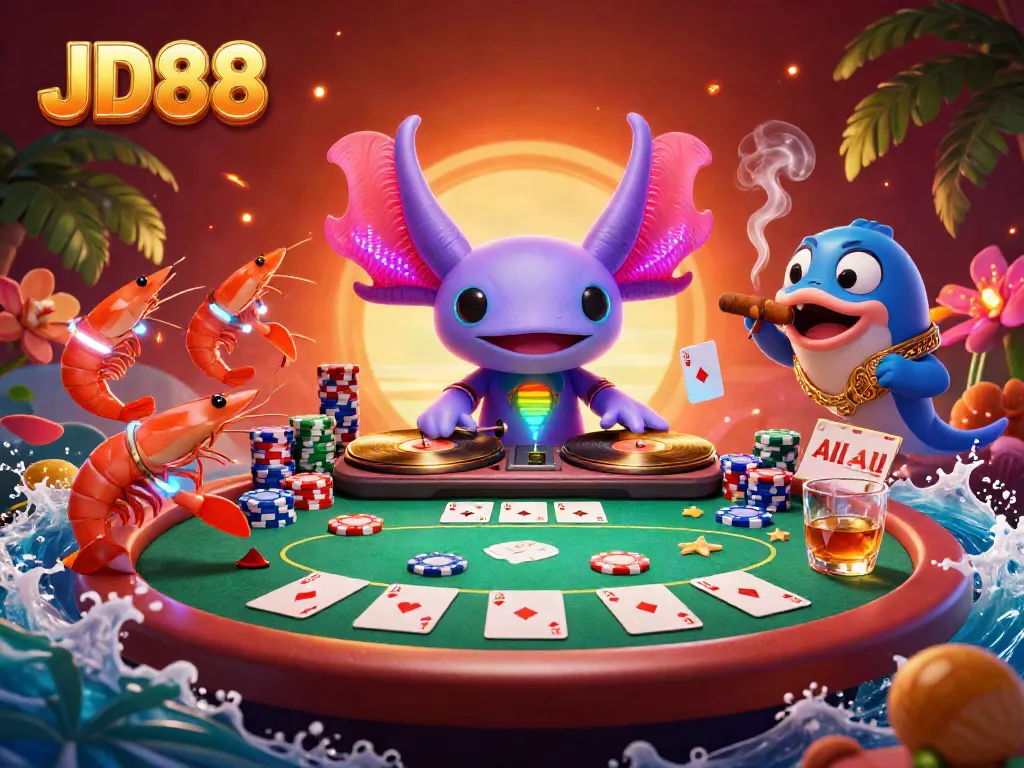 Engage in thrilling gameplay with JD88 featuring a vibrant 3D underwater casino scene filled with poker elements.