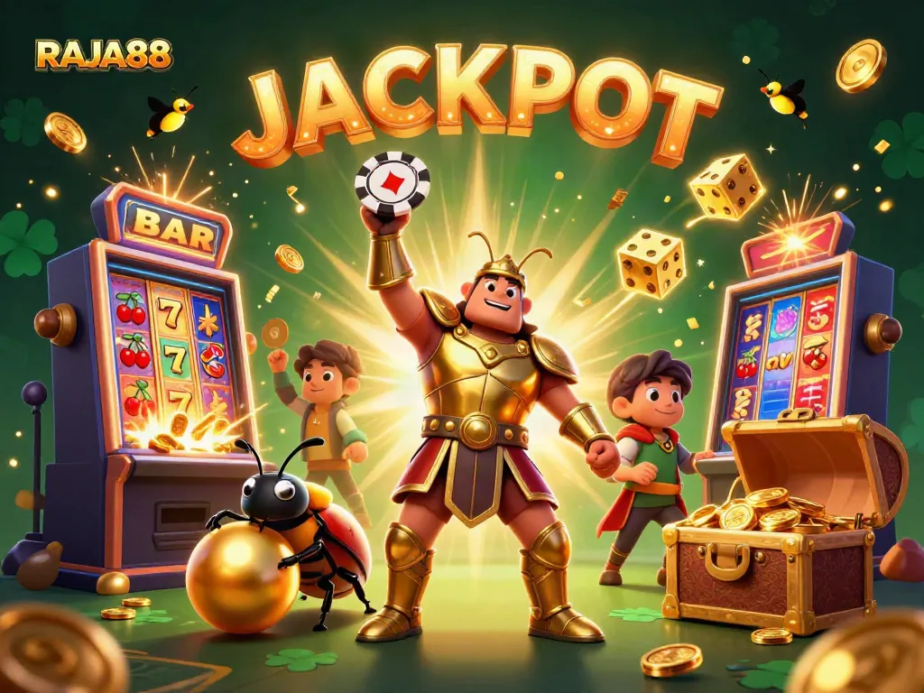 Experience the thrill of RAJA88 with vibrant casino elements and a jubilant jackpot celebration