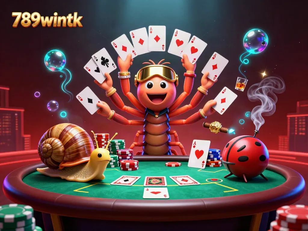 This ultra-detailed 3D scene showcases the energetic characters of 789wintk engaging at a vibrant poker table, displaying various gambling elements.