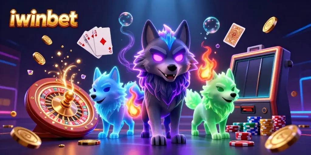 Engage with iwinbet's dynamic gambling world, featuring animated wolves and lavish casino treasures.