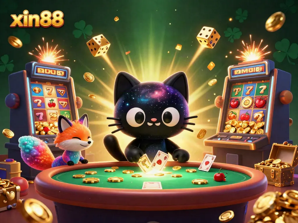 XIN88's cosmic casino experience with black hole cat and nebula fox creating excitement around slot machines.