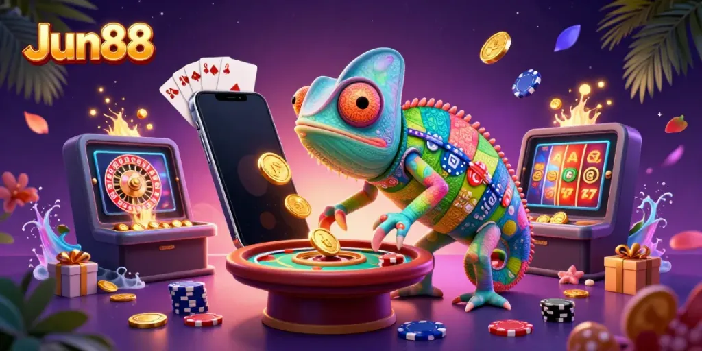 Experience thrilling wins at Jun88 with a vibrant chameleon casino owner collecting coins amidst dynamic gaming elements.