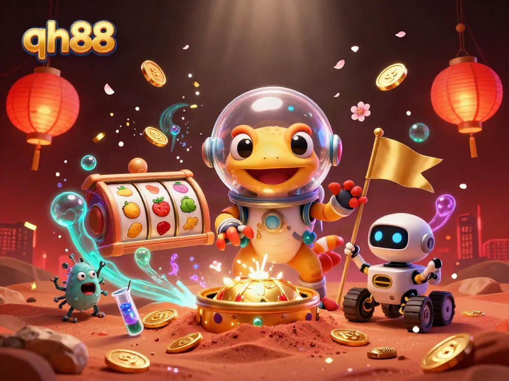 Join the excitement at qh88 with a Martian gecko discovering a golden casino among vibrant game elements.