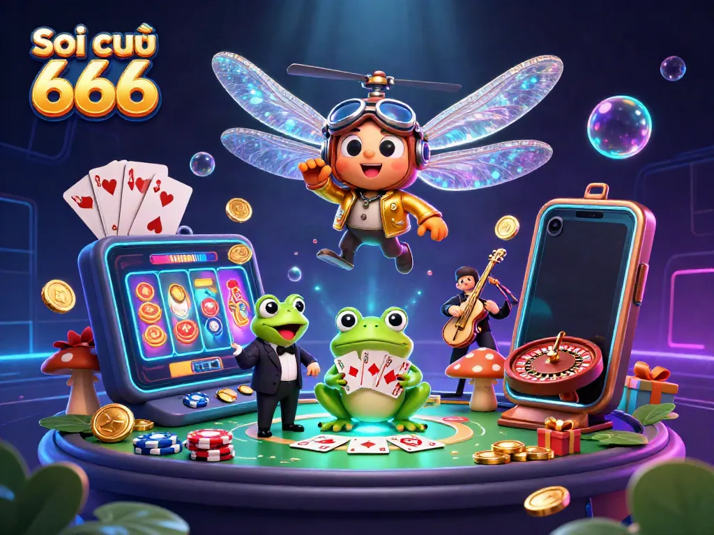 Soi cầu 666 vibrant cartoon scene with a dragonfly pilot and frog croupier in a lily pad casino