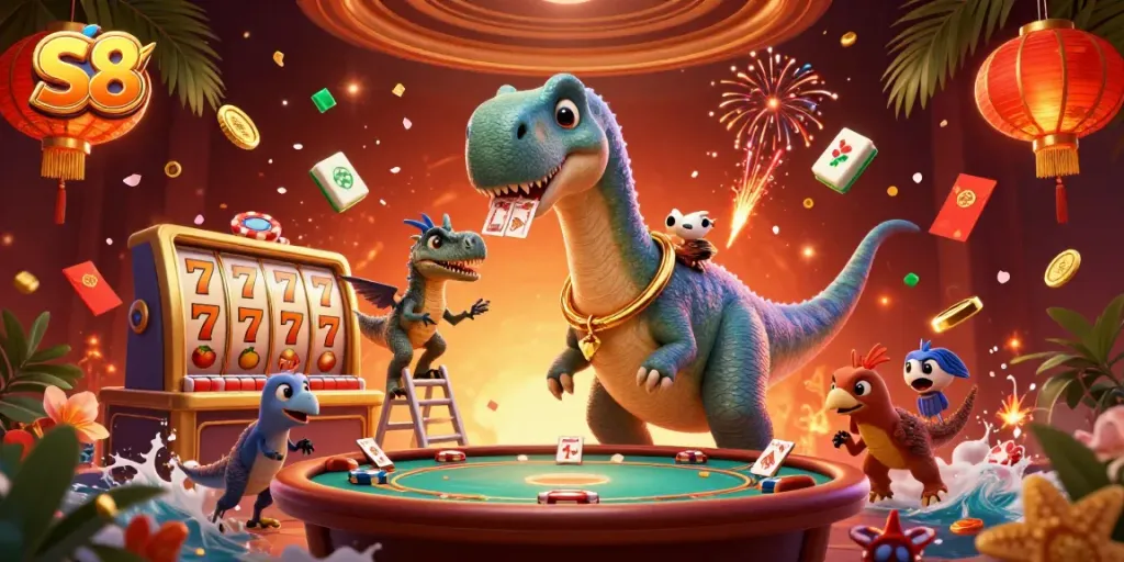 Join the action at S8 Casino with vibrant 3D characters and slot games in this lively illustration.