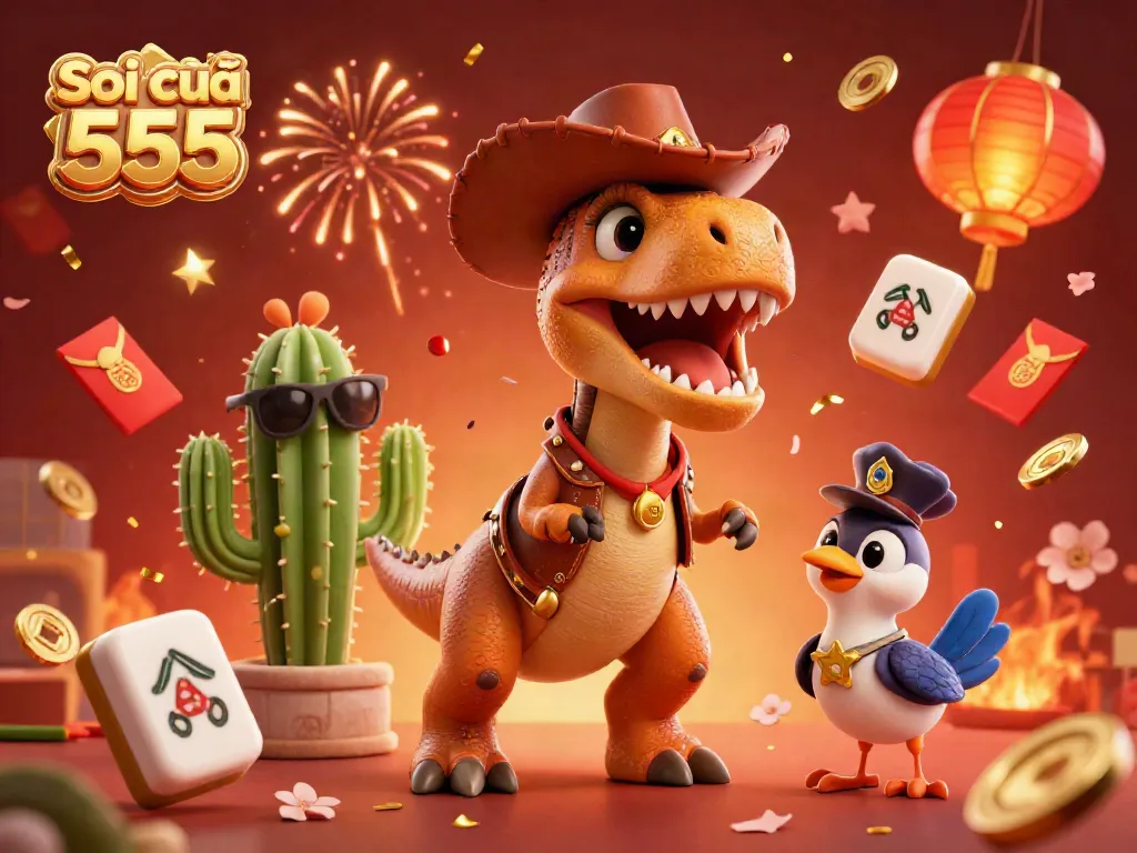 Soi cầu 555 showcases a vibrant 3D illustration of a cowboy dinosaur and friends with festive elements surrounding them.