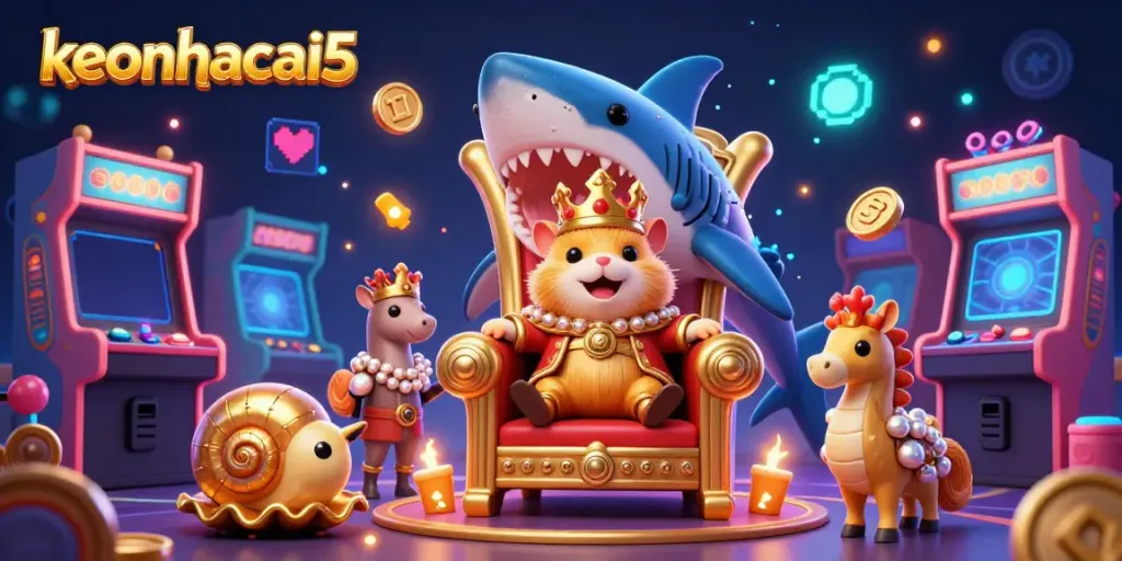 Experience winning strategies with keonhacai5's vibrant casino scene featuring a hamster king and playful game elements.