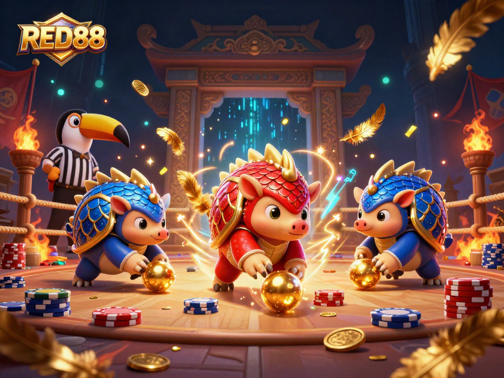 Engage with RED88 in this vibrant 3D casino scene showcasing rival pangolins and dynamic gambling elements.