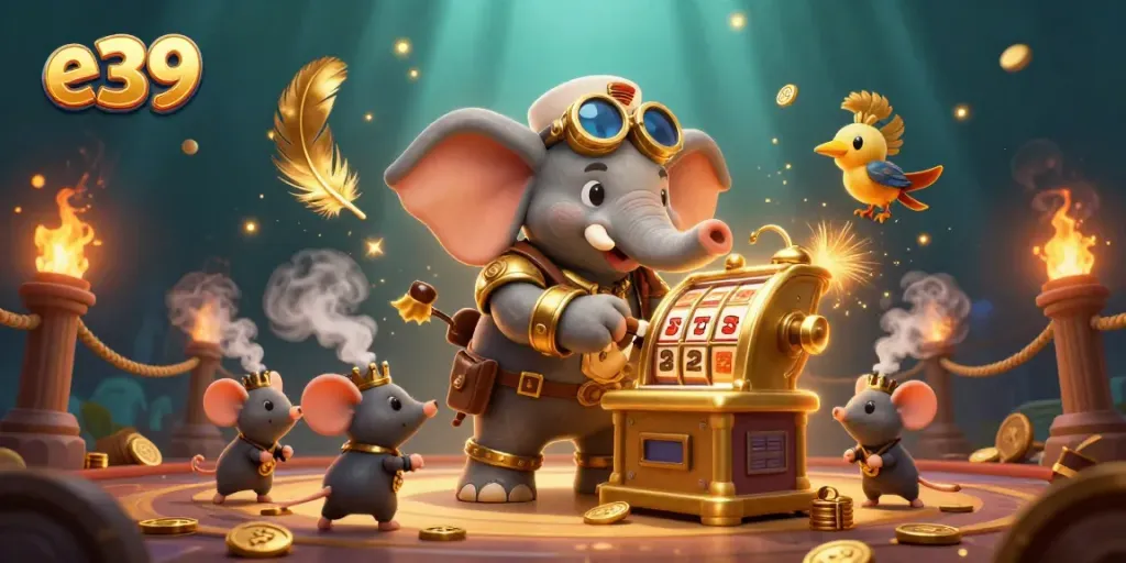 Experience excitement with e39's dynamic casino scene featuring a steampunk elephant and golden slot machine.
