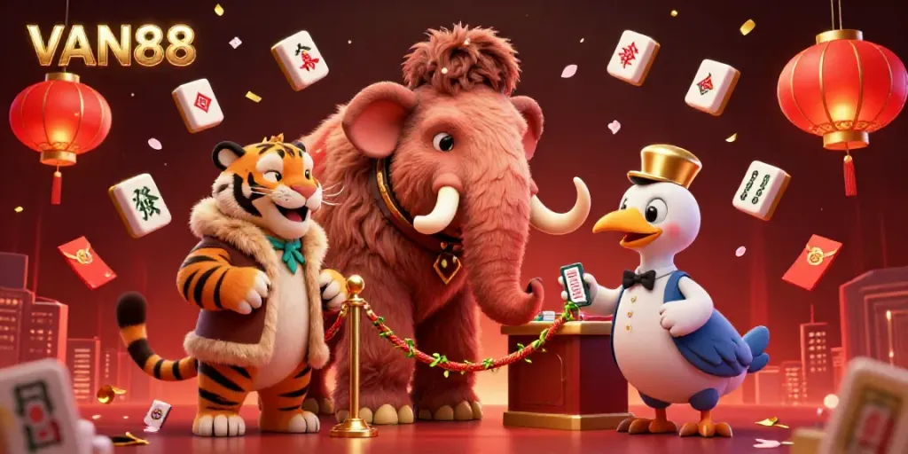 Experience the vibrant world of VAN88 with a casino scene featuring a woolly mammoth bouncer and saber-tooth VIP.