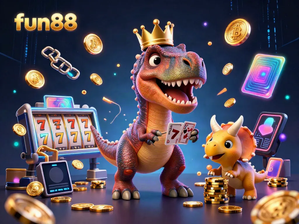 Engage with fun88's vibrant casino scene featuring a T-Rex and friends gaming with coins and cards.