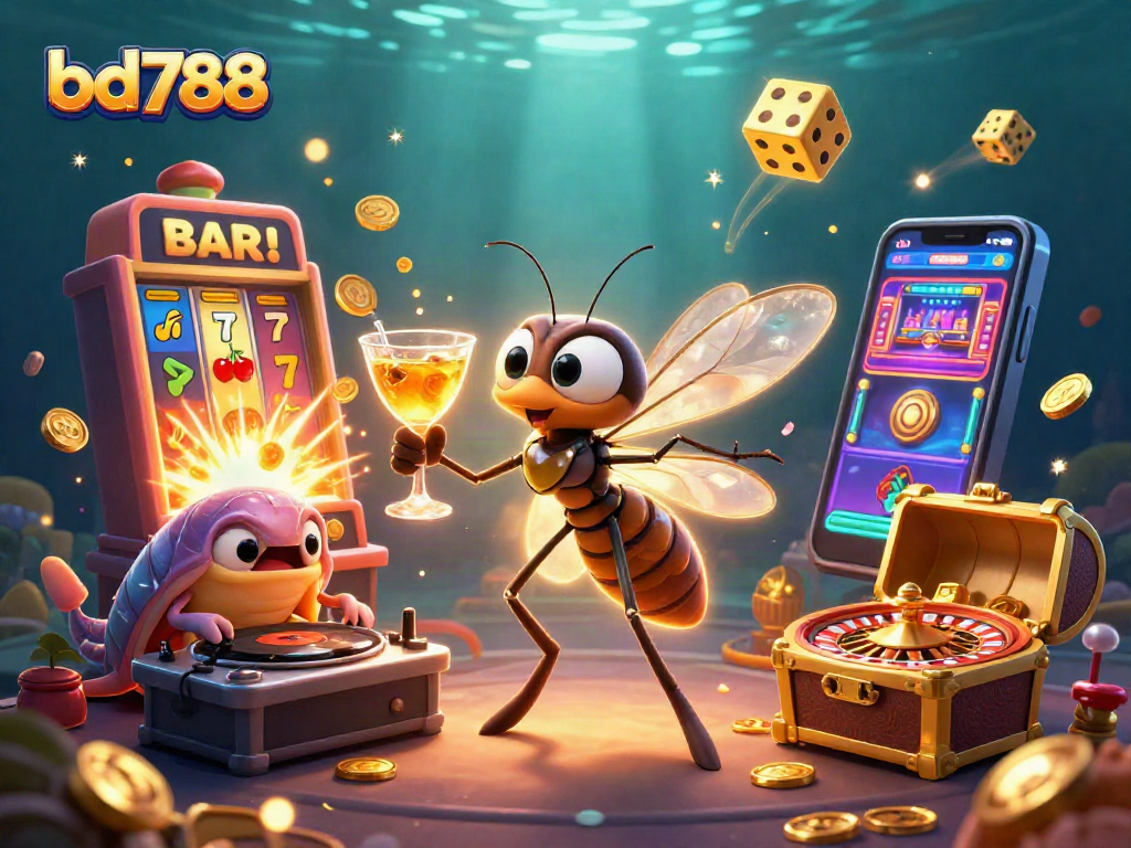 Engage with bd788 casino fun featuring a frozen mosquito mascot, trilobite DJ, and golden roulette wheel.