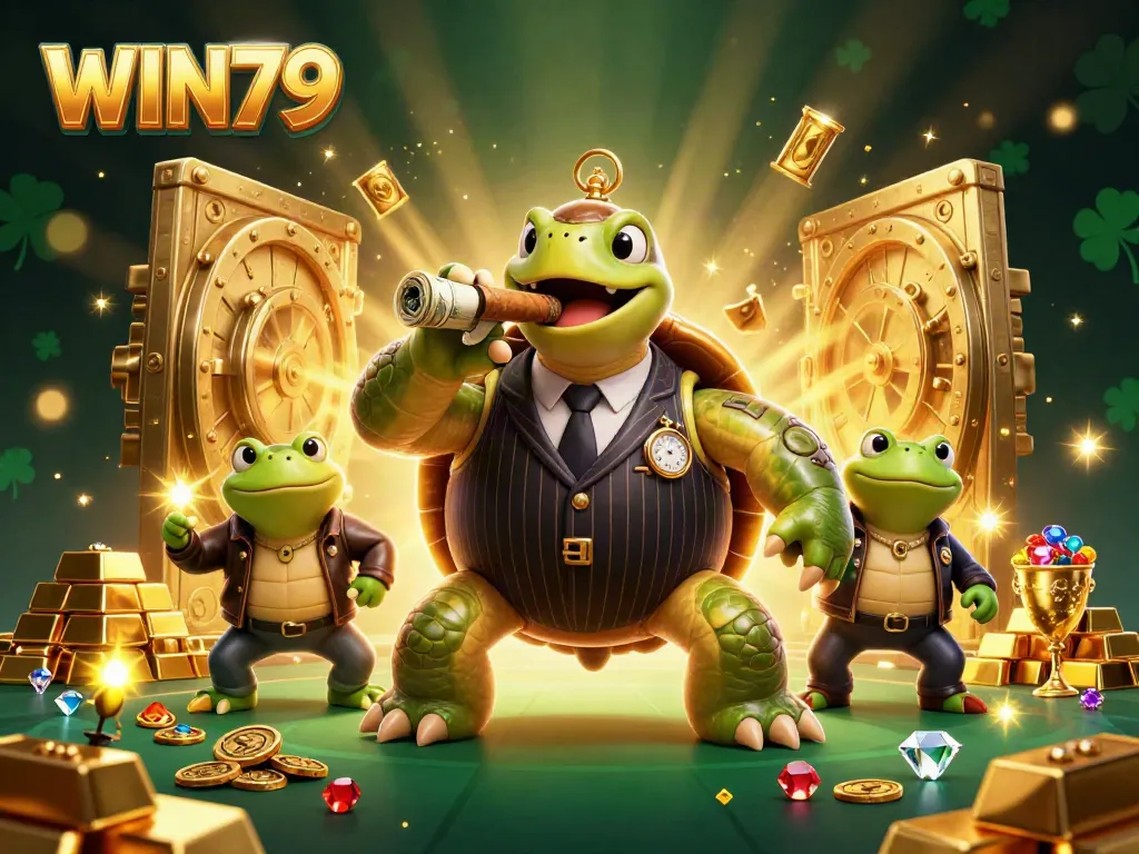 Engage in thrilling play with WIN79 at a vibrant casino scene featuring cartoon characters and treasure.