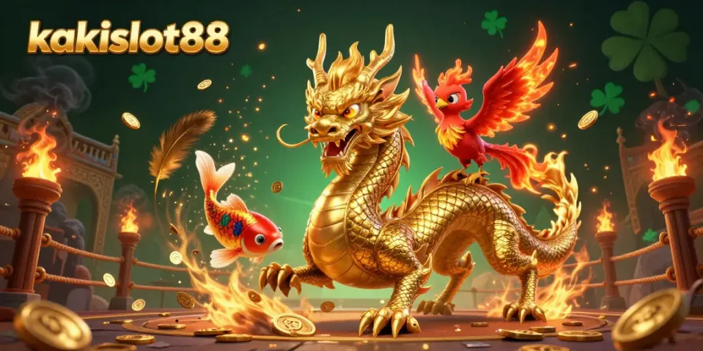Mainkan keseruan di Kakislot88 dengan ilustrasi kasino 3D, naga emas dan koi melambung di bawah shower koin.