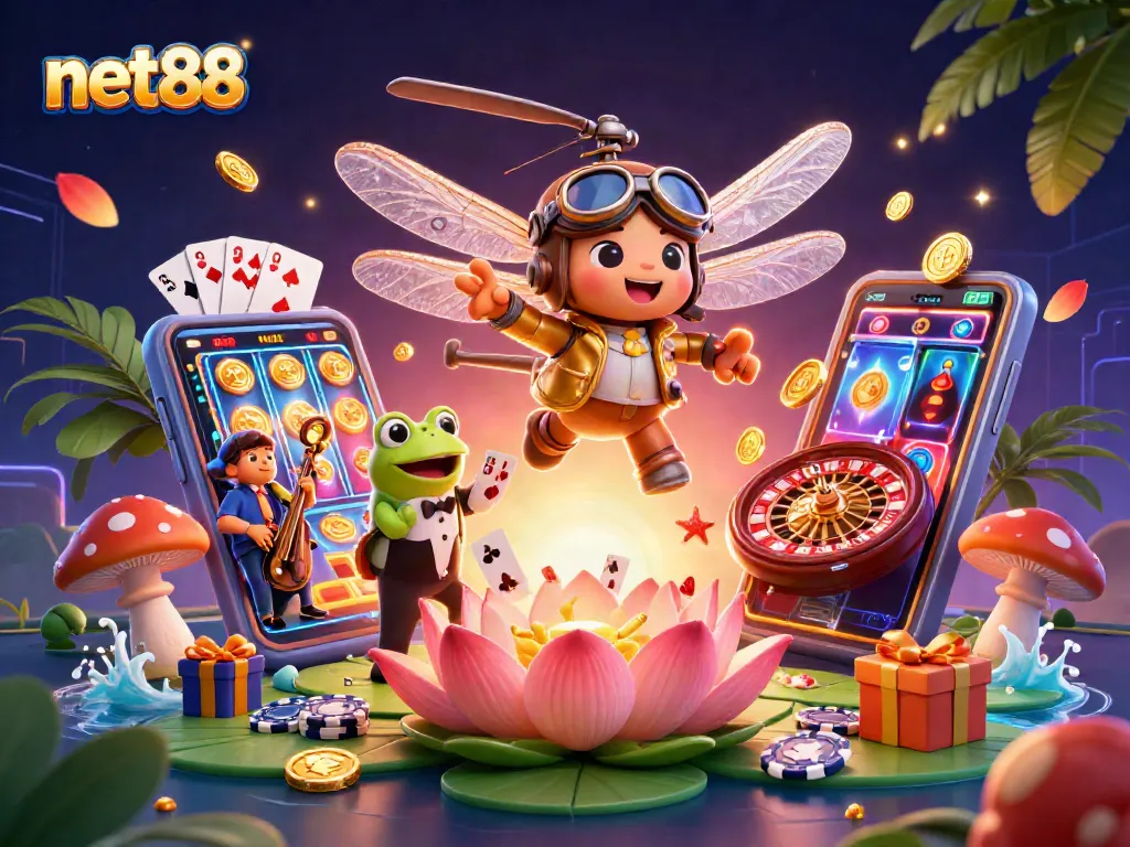 Experience thrilling gameplay at net88 with a dynamic scene of cartoon characters in a gambling setting.