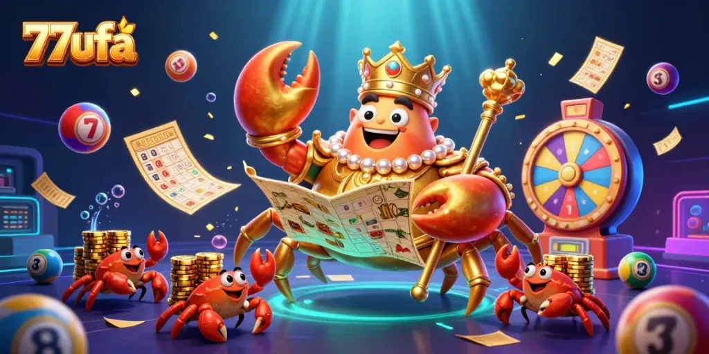 Experience excitement at 77ufa with golden crab emperor and festive lottery elements in this vibrant casino scene.