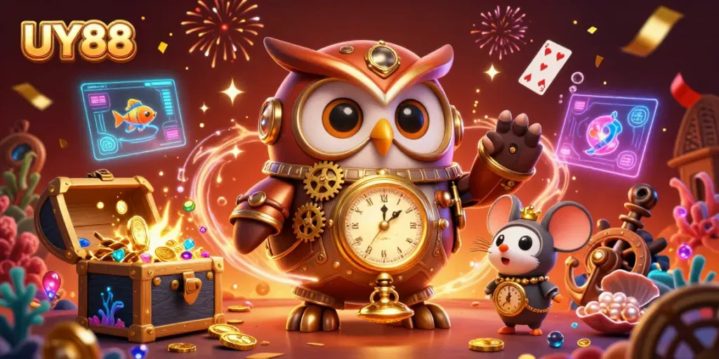 Engage with UY88's thrilling gaming experience in a vibrant 3D casino scene featuring steampunk designs.