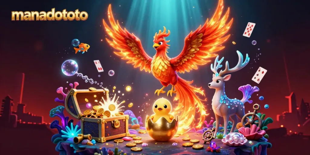 Engaging illustration showcasing manadototo with phoenix and stag in a vibrant casino scene.
