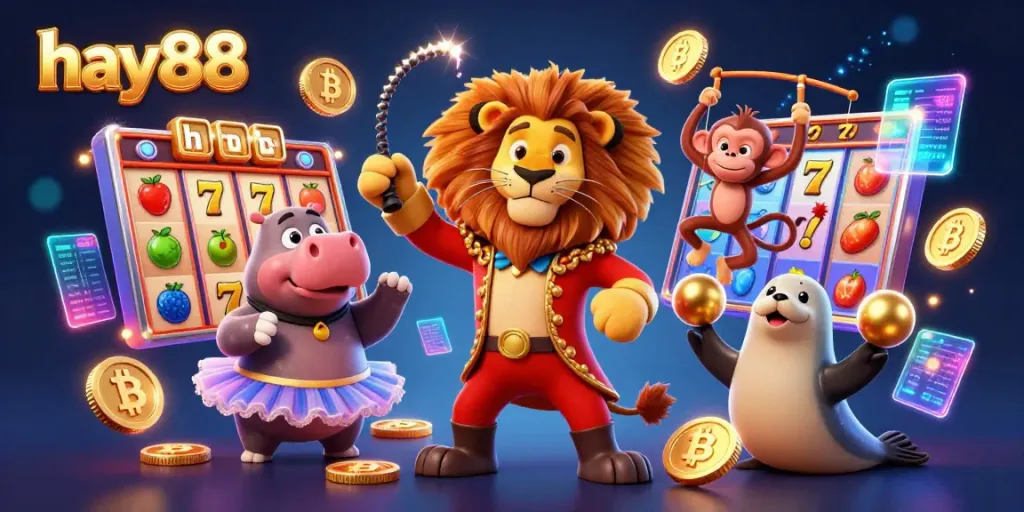 Experience the thrill of casino gaming with hay88, featuring vibrant characters and slot machine elements.