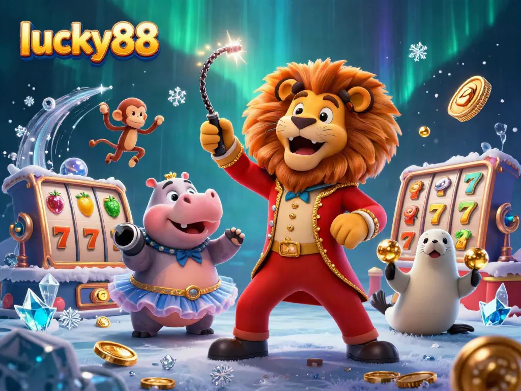 Engage with lucky88's vibrant online casino experience amidst animated characters and casino games.