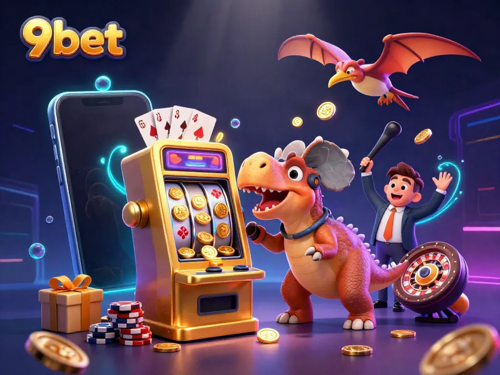 Engaging scene depicting 9bet with a dinosaur winning a jackpot while coins fly, illustrating the thrill of online gambling.