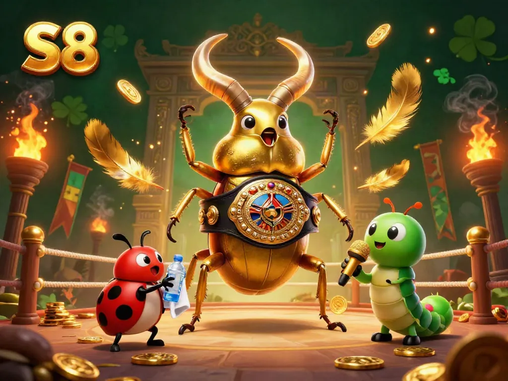 Engage with S8's exciting betting action, featuring a golden stag beetle boxing champion in a vibrant casino scene