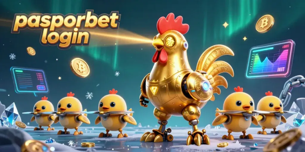 Gambaran pasporbet login dengan robot ayam emas 3D dan koin cryptocurrency berkilau.