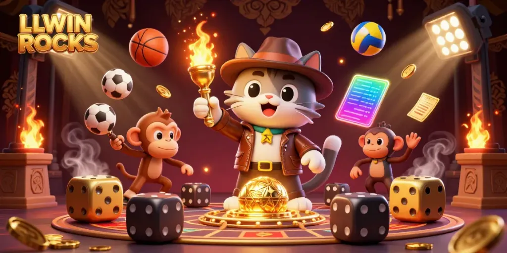 Engage with LLWIN ROCKS in a dynamic scene showcasing a cartoon cat explorer and monkey amid golden casino artifacts.