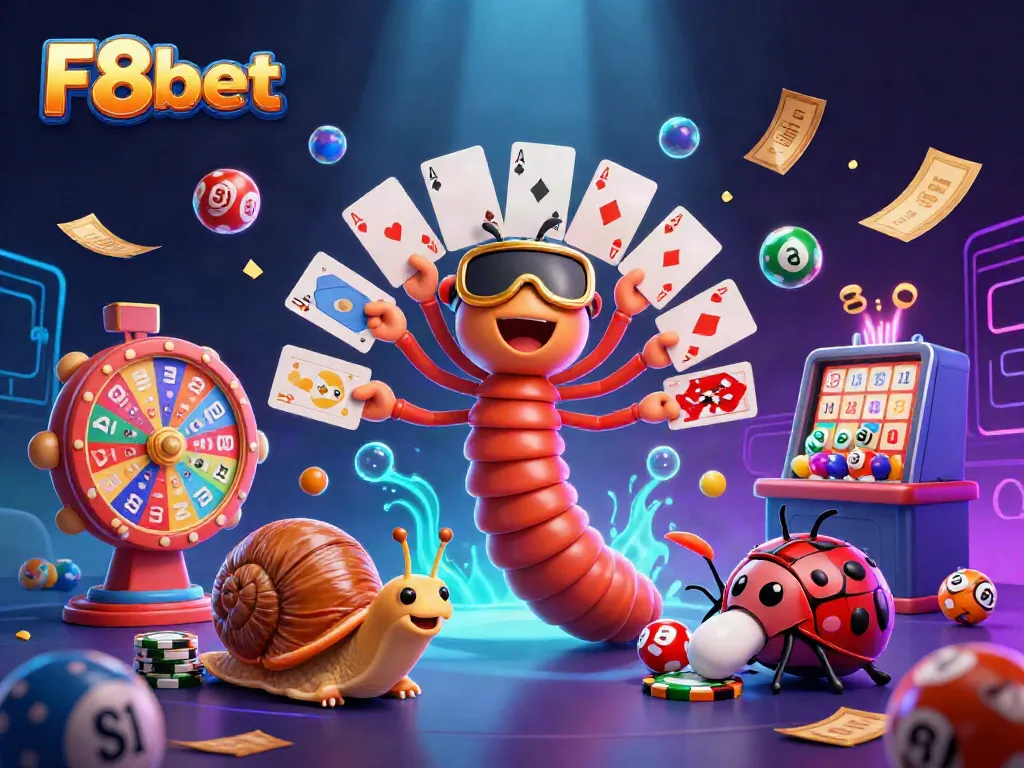 Experience the thrill of F8bet with a vivid 3D casino illustration featuring lively characters and vibrant game elements.