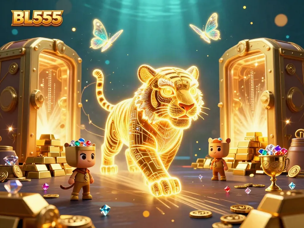 Experience thrilling wins at BL555 with a golden tiger navigating a vibrant casino universe.
