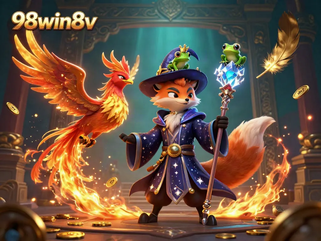 Experience world-class gaming with 98win8v in a magical 3D casino setting, featuring vibrant characters and immersive elements.