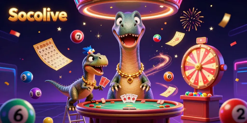 Socolive features a dynamic scene with a towering brontosaurus and clever raptor amidst vibrant casino elements, evoking excitement.