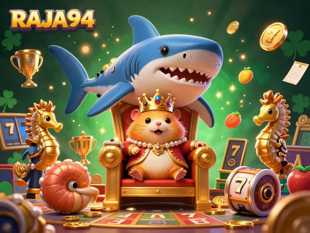 Engage with RAJA94's thrilling slot experience, showcasing a dynamic throne scene with vibrant game elements.