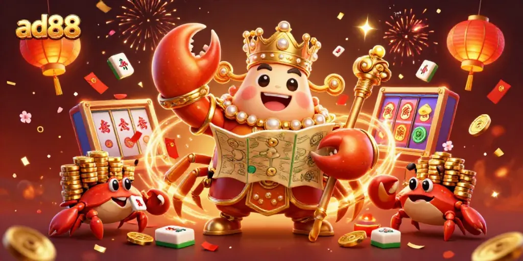 Experience the vibrant energy of ad88 with a golden crab emperor amidst casino elements like jackpots and fortunes.
