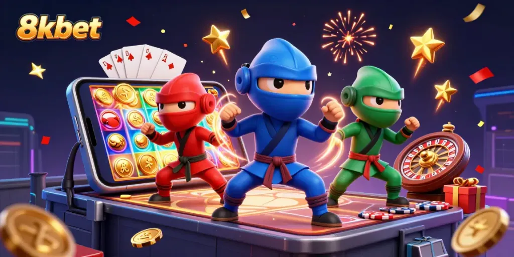 Experience thrilling gaming adventures with 8xbet as three ninja chameleons showcase synchronized martial arts.