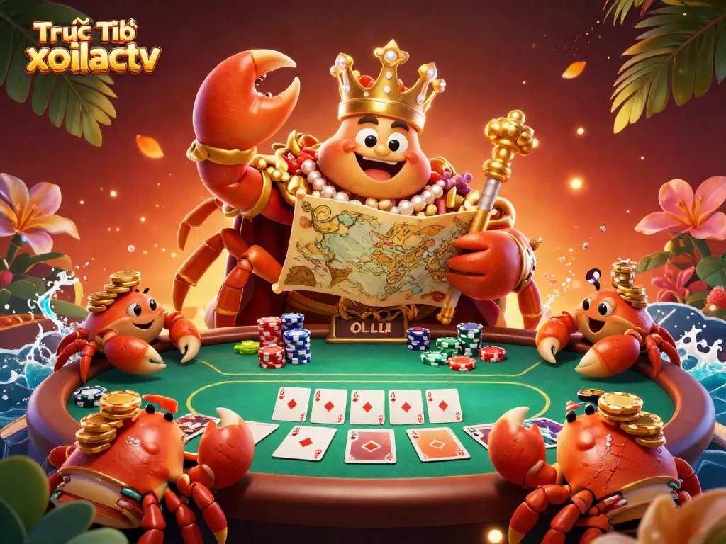 Experience Trực Tiếp xoilactv live poker action with an extravagant crab emperor amidst vibrant casino elements.