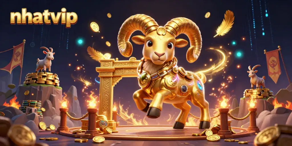 Experience thrills at Nhatvip with a dynamic 3D scene of a golden ram charging through a vibrant casino.