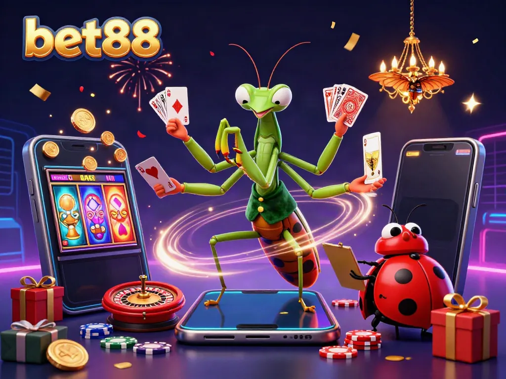 Experience gaming excitement with bet88’s vibrant casino scene featuring a giant praying mantis and engaging game elements.