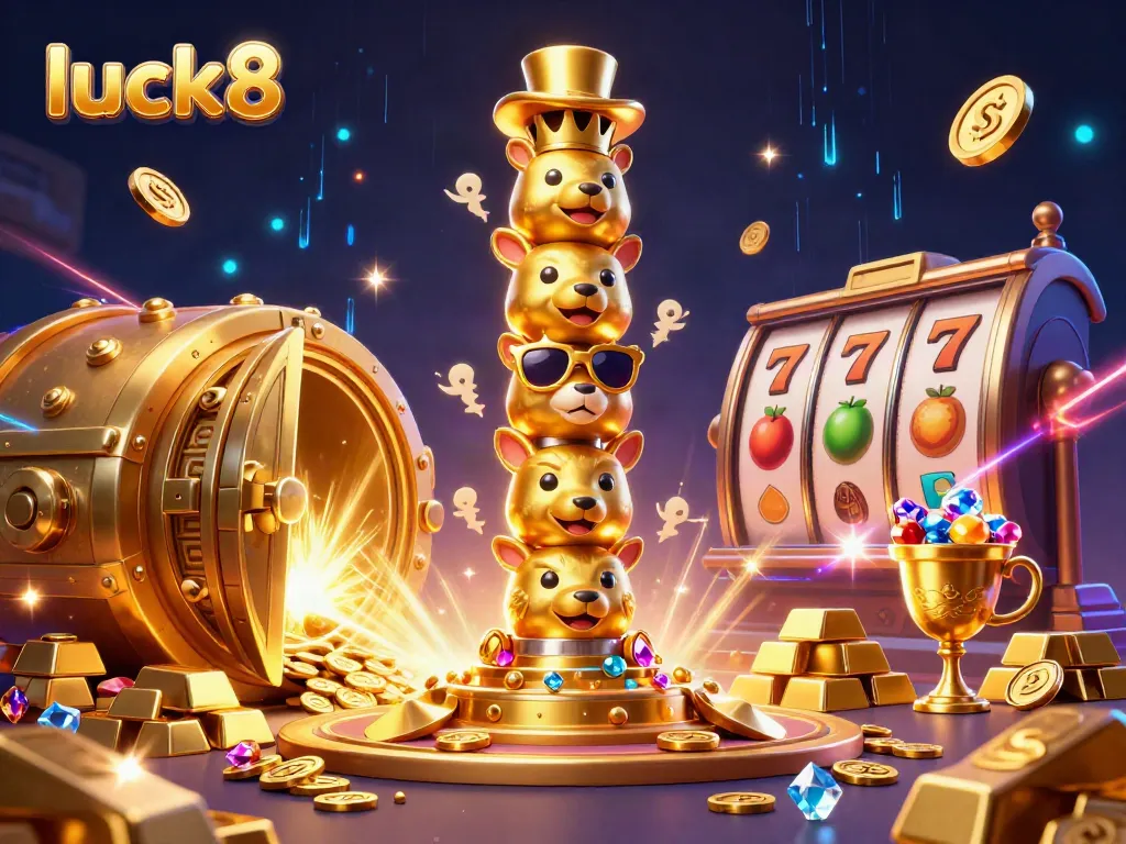 Engage luck8 with an ultra-detailed casino illustration featuring vibrant symbols, treasures, and energetic elements.