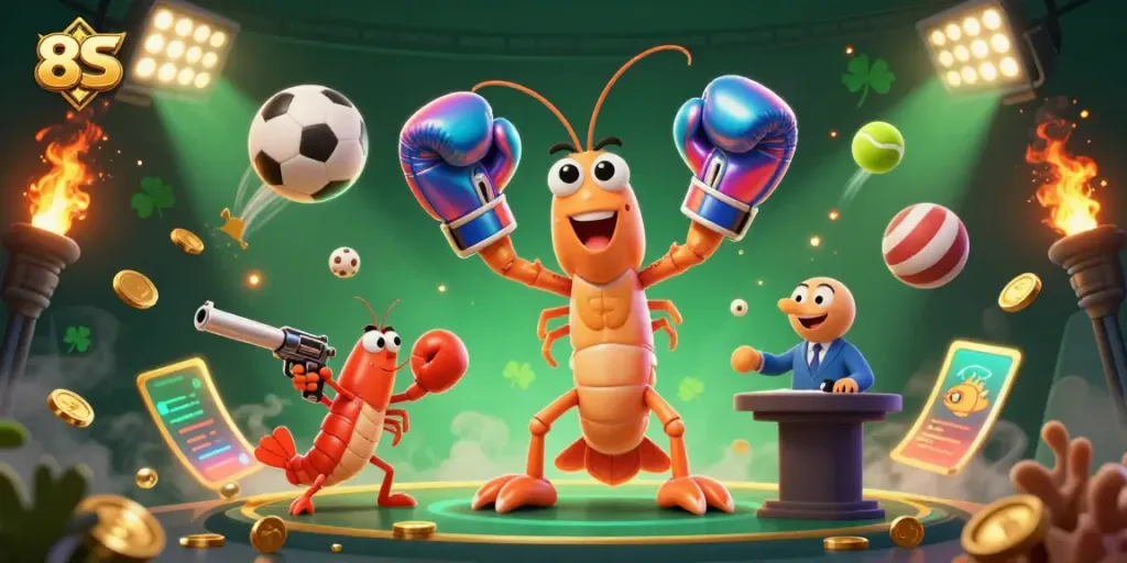 Experience thrilling 8S gaming with animated shrimp characters showcasing vibrant sports betting elements.