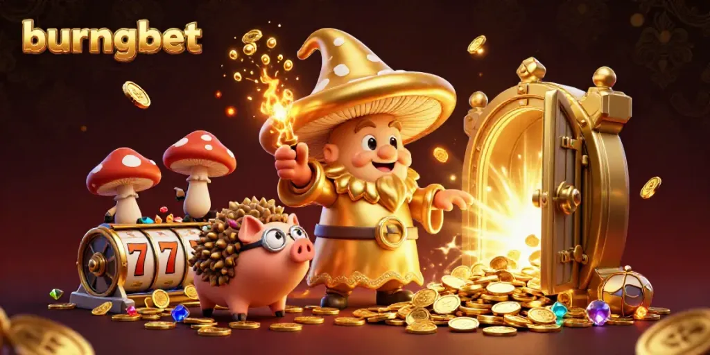 Experience the magic of burungbet with a golden wizard, treasures, and slot elements in this rich 3D illustration.