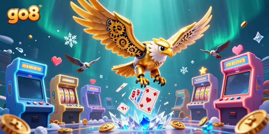 Engage with go8's thrilling slots as a cybernetic golden eagle soars through holographic cards.