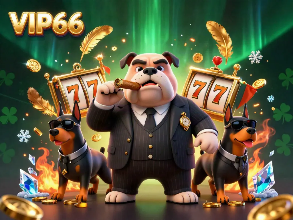 Experience the thrill with VIP66 as a mafia boss bulldog and Doberman bodyguards engage in a lavish casino atmosphere.