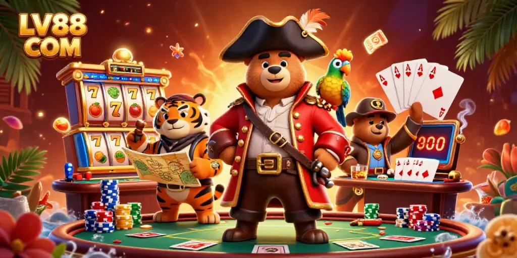 Engage with casino excitement at LV88 COM showcasing a pirate bear and tiger at a vibrant slot machine.