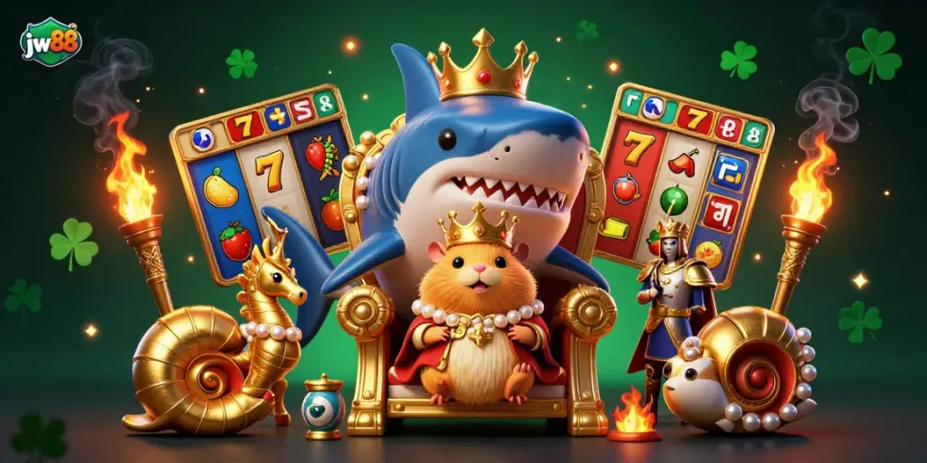 Experience thrilling gameplay at jw88 with vibrant slot machines and regal characters in an engaging casino scene.