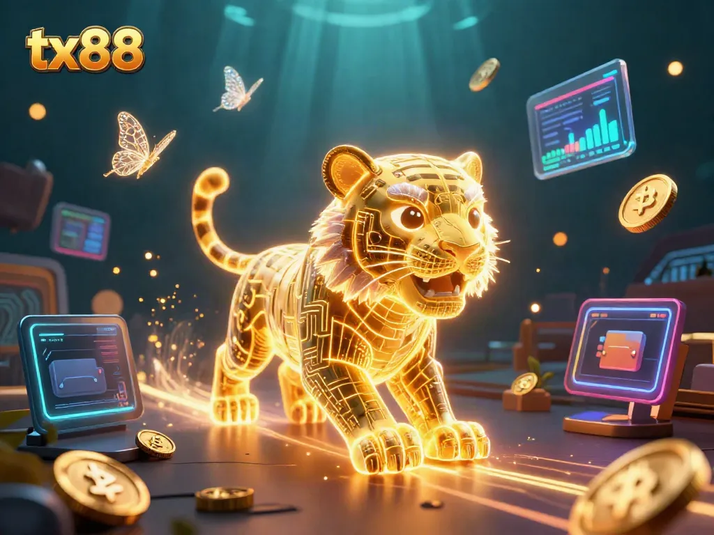 Experience the thrill of tx88 with a glowing neon tiger in a vibrant digital casino.
