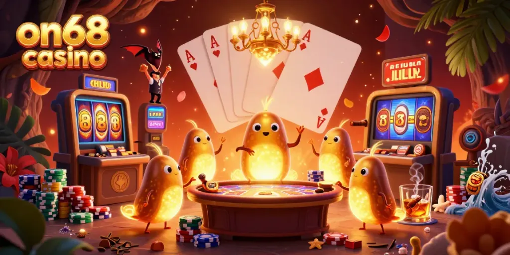 Experience the vibrant atmosphere of on68 casino with glowing glowworms, poker chips, and slot machines lighting up the scene.