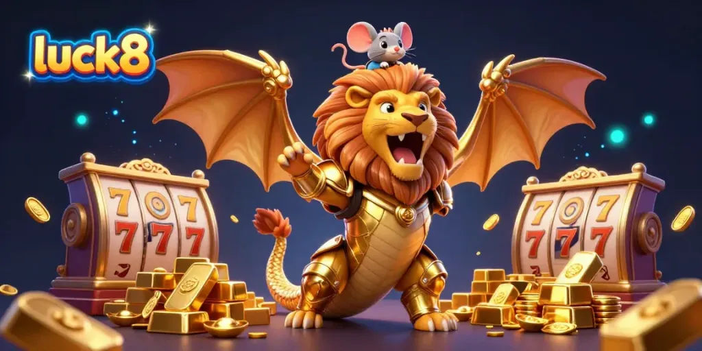 Experience exciting jackpots at luck8 with a chimera roaring amidst golden treasures and game elements.