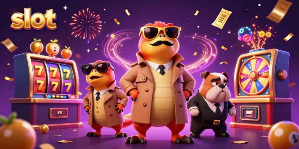 Engage with slot machines filled with colorful reels in a whimsical casino scene